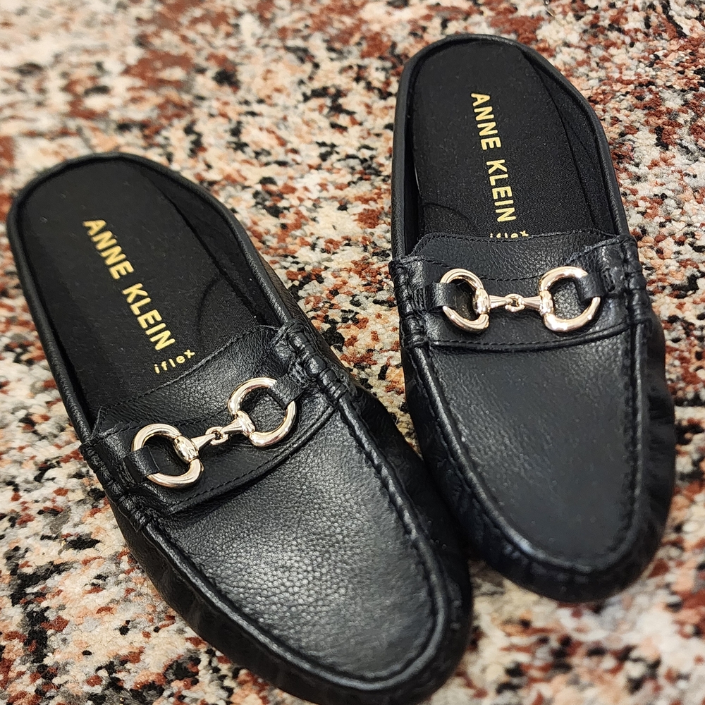 Anne Klein Black Loafers with Silver Buckle Slides